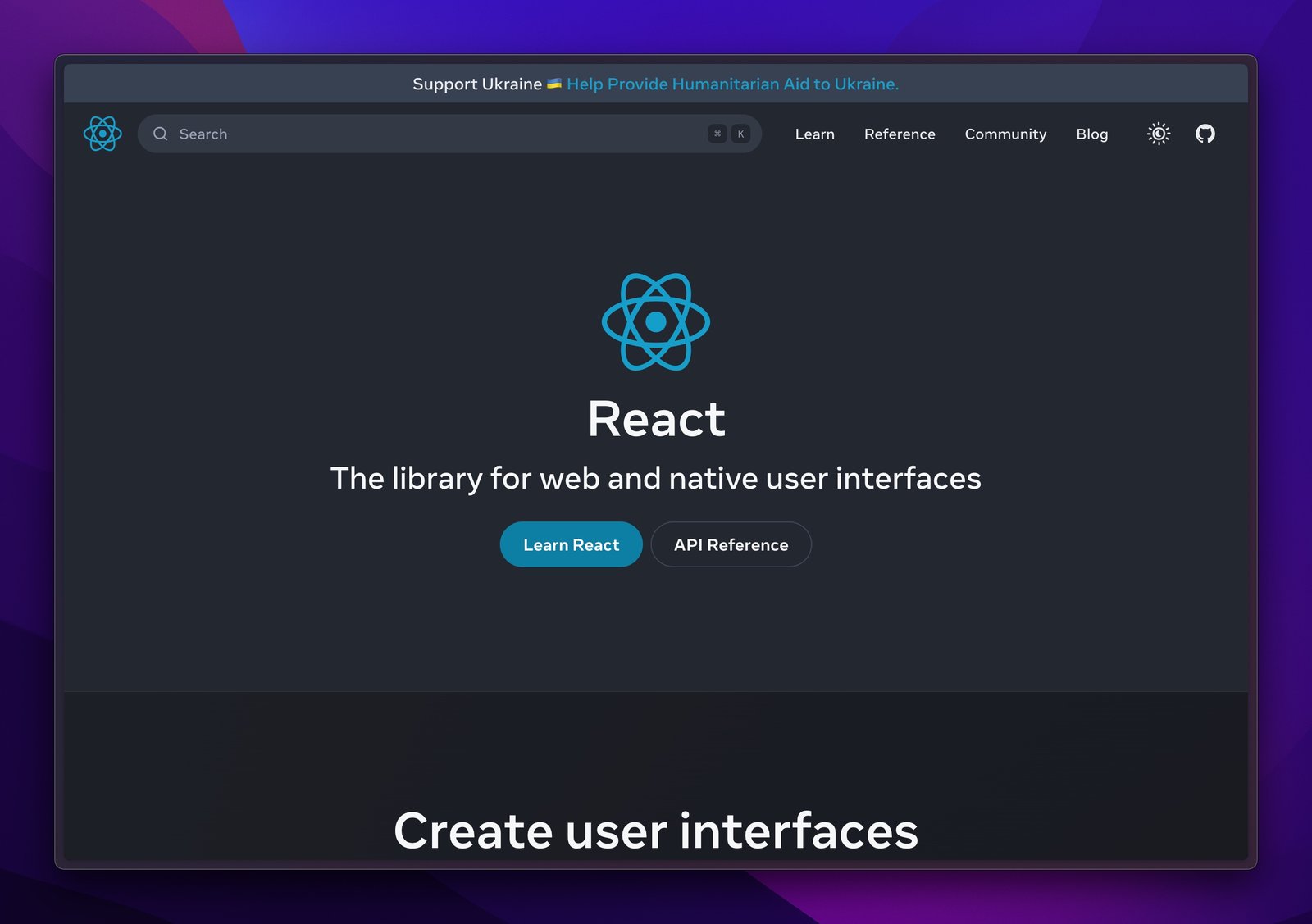 A screenshot of the react website